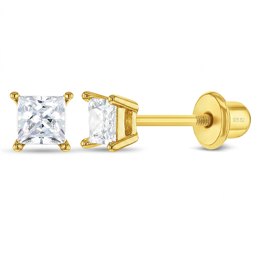 Square Cut CZ Baby / Toddler / Kids Earrings Screw Back - 14k Gold Over Sterling Silver