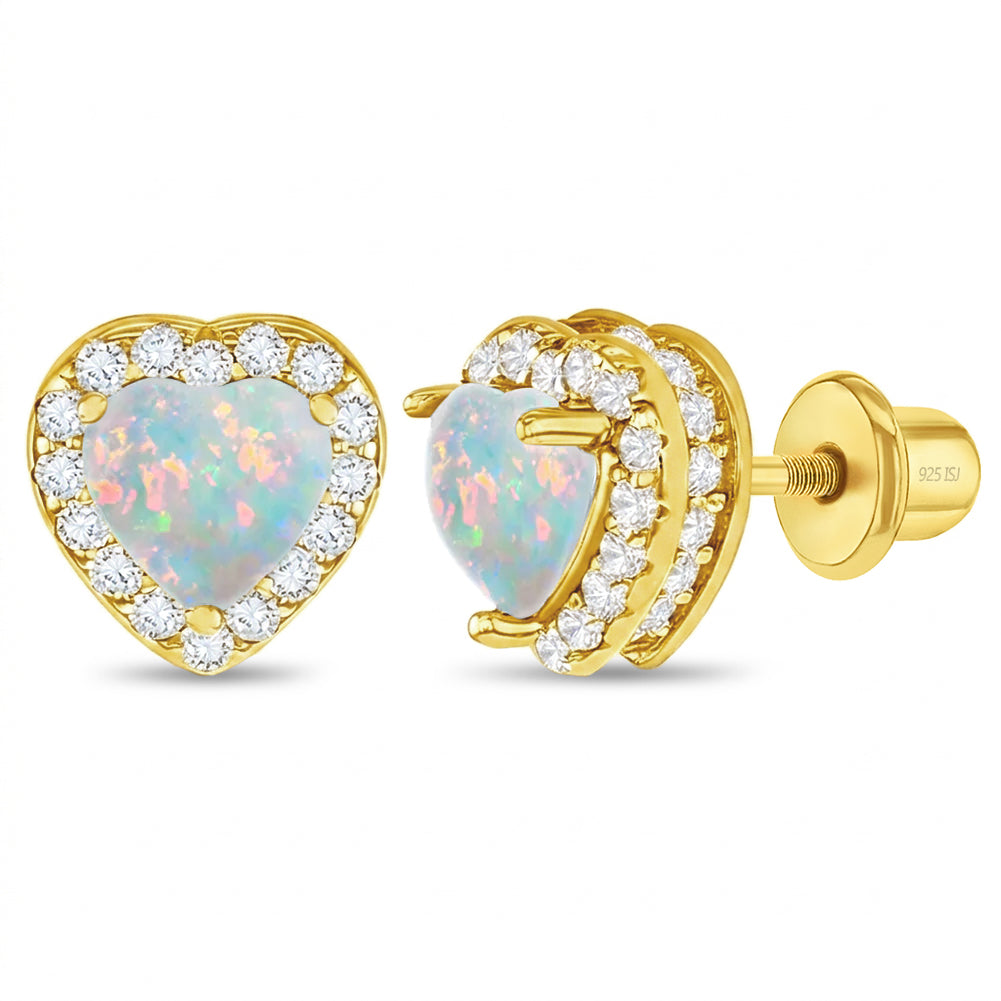 Opal CZ Heart Kids / Children's / Girls Earrings Screw Back - 14k Gold over Sterling Silver