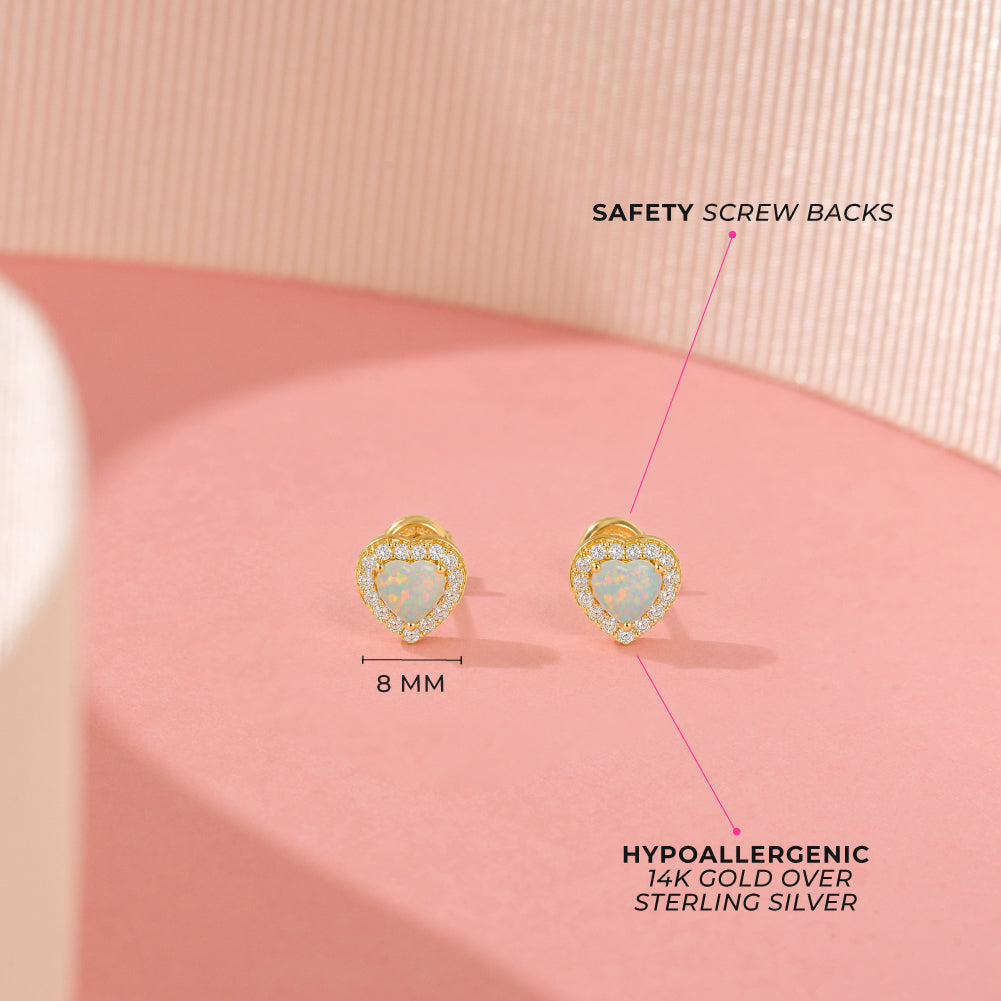 Opal CZ Heart Kids / Children's / Girls Earrings Screw Back - 14k Gold over Sterling Silver