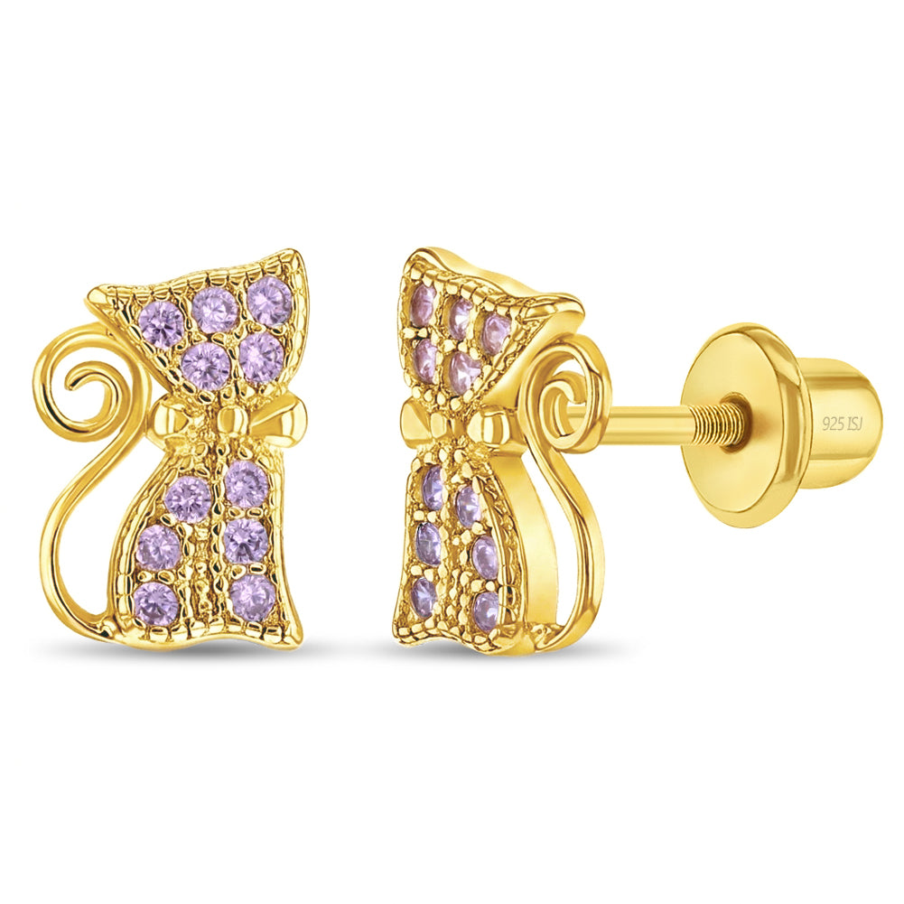 Sassy Kitty Cat Kids / Children's / Girls Earrings Screw Back - 14k Gold over Sterling Silver