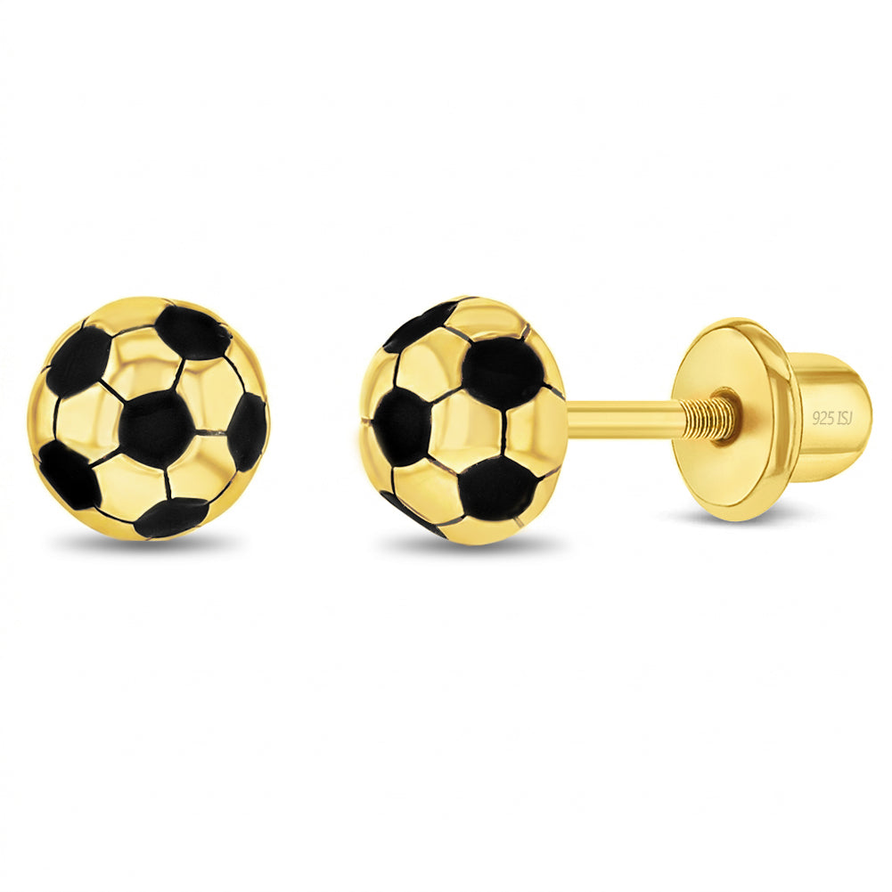 Soccer Ball Kids / Children's / Girls Earrings Screw Back Enamel - 14k Gold over Sterling Silver