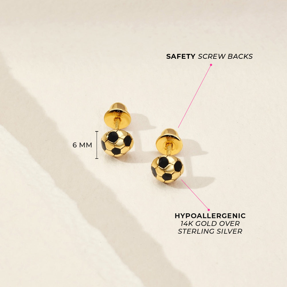 Soccer Ball Kids / Children's / Girls Earrings Screw Back Enamel - 14k Gold over Sterling Silver