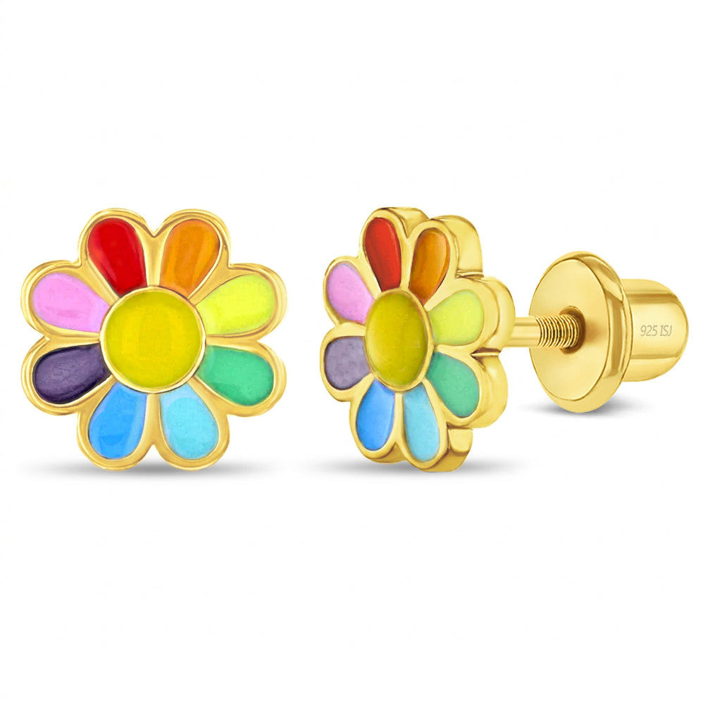 Rainbow Daisy Kids / Children's / Girls Earrings Screw Back Enamel - 14k Gold over Sterling Silver