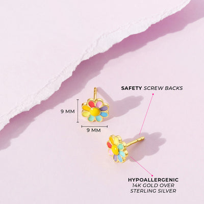 Rainbow Daisy Kids / Children's / Girls Earrings Screw Back Enamel - 14k Gold over Sterling Silver