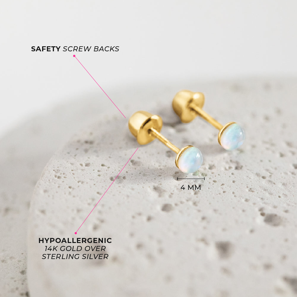 Opal Button 4mm Baby / Toddler / Kids Earrings Screw Back - 14k Gold over Sterling Silver