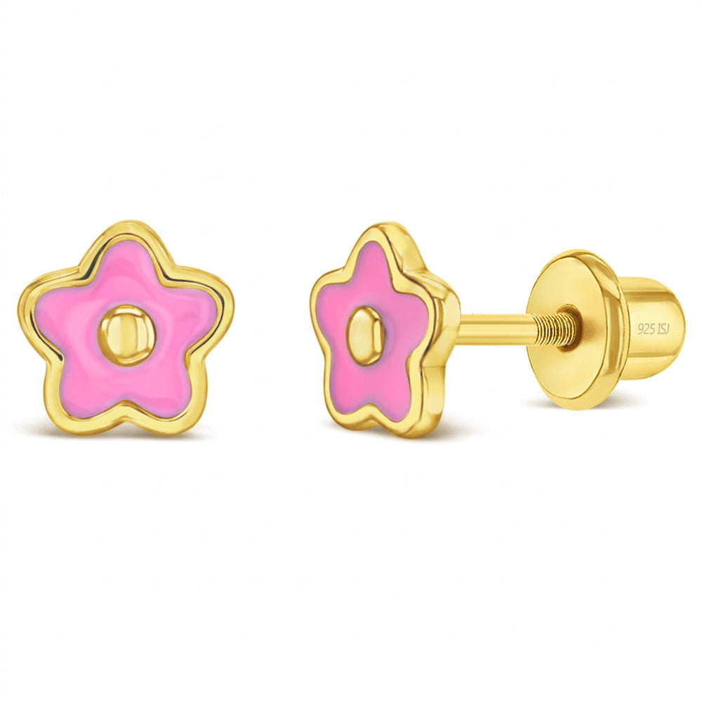 Groovy Enamel Flower Baby / Toddler / Kids Earrings Screw Back Enamel - 14k Gold over Sterling Silver