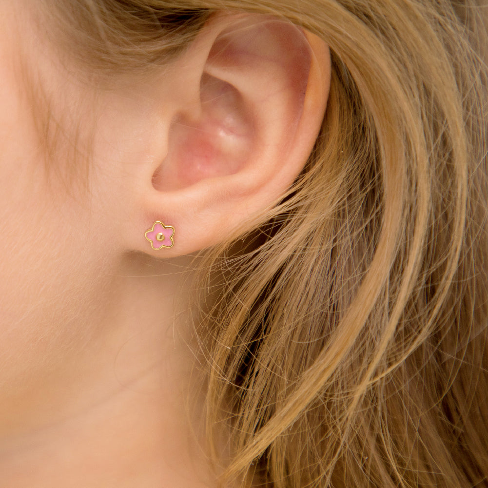Groovy Enamel Flower Baby / Toddler / Kids Earrings Screw Back Enamel - 14k Gold over Sterling Silver