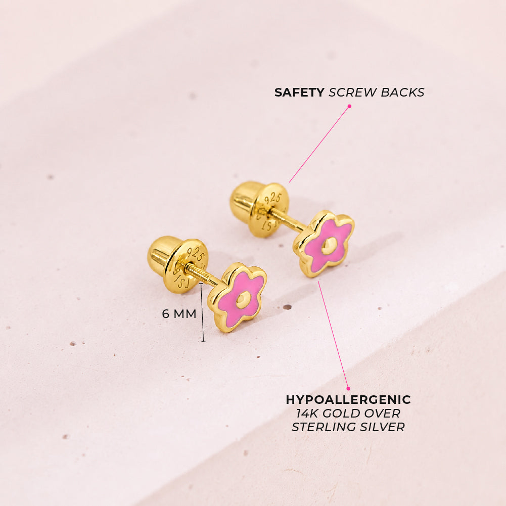 Groovy Enamel Flower Baby / Toddler / Kids Earrings Screw Back Enamel - 14k Gold over Sterling Silver
