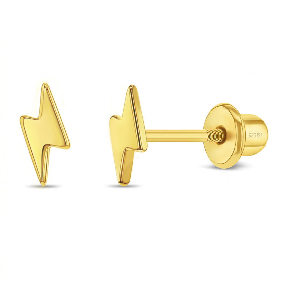 Electric Lightening Bolt Kids / Children's / Girls Earrings Screw Back - 14k Gold over Sterling Silver