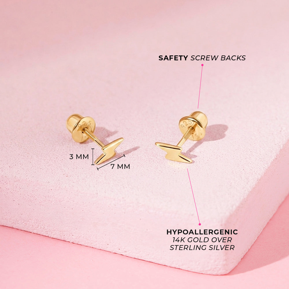Electric Lightening Bolt Kids / Children's / Girls Earrings Screw Back - 14k Gold over Sterling Silver