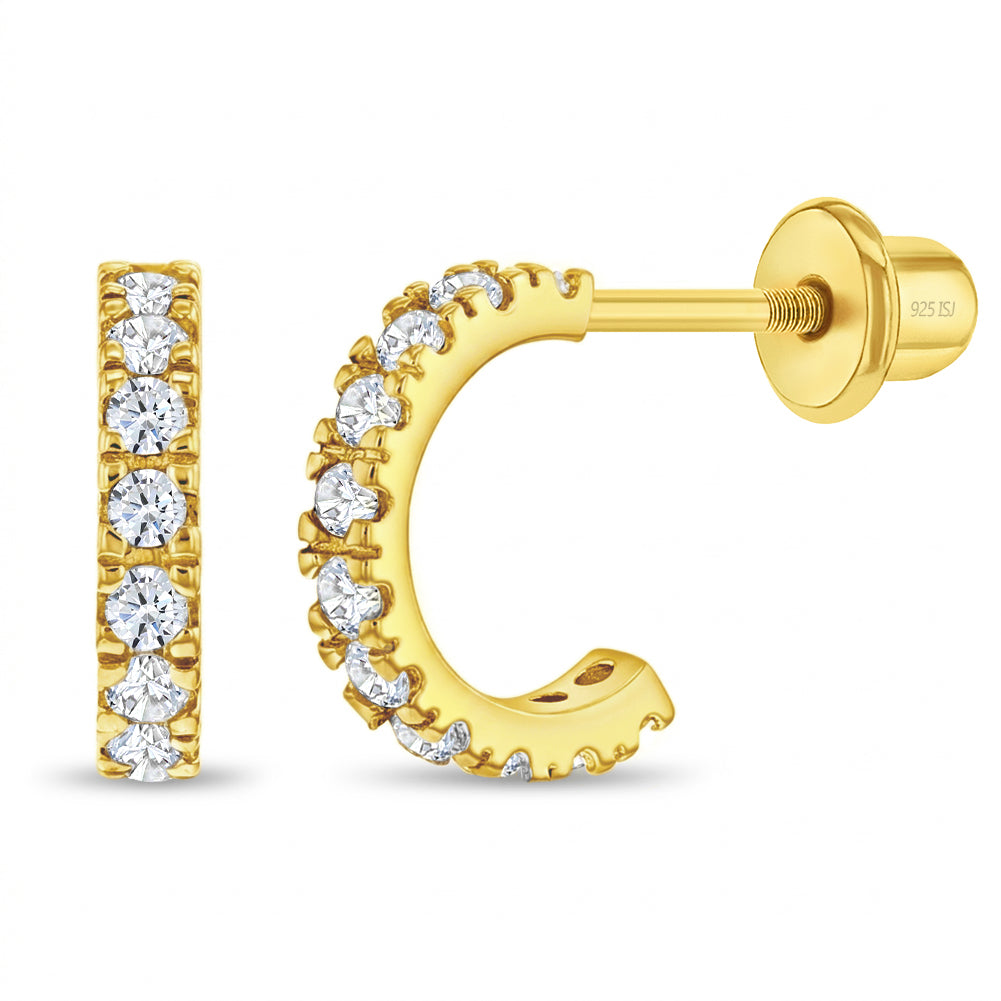 CZ Half Hoop Preteen / Teens Earrings Screw Back - 14k Gold over Sterling Silver