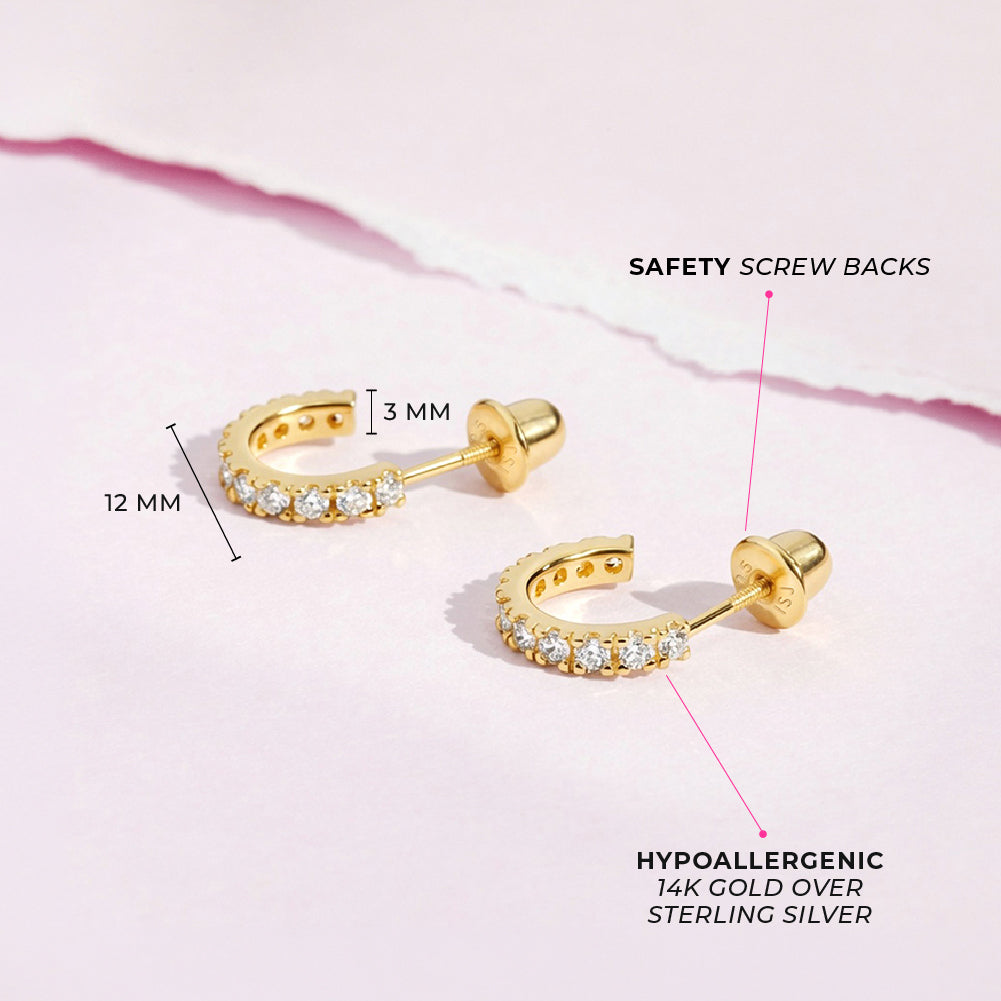 CZ Half Hoop Preteen / Teens Earrings Screw Back - 14k Gold over Sterling Silver