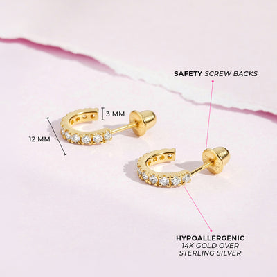 CZ Half Hoop Preteen / Teens Earrings Screw Back - 14k Gold over Sterling Silver