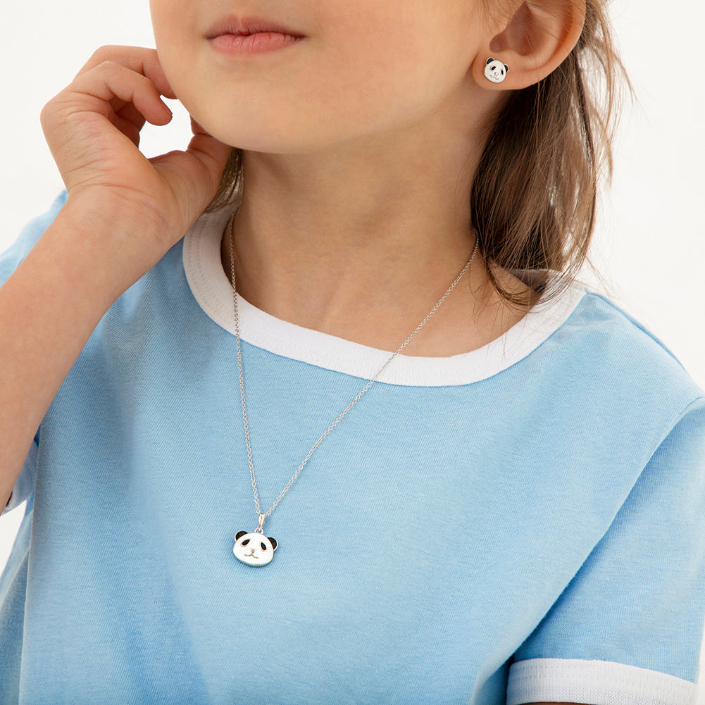 925 Sterling Silver White & Black Enamel Panda Bear Jewelry Set for Children & Teens