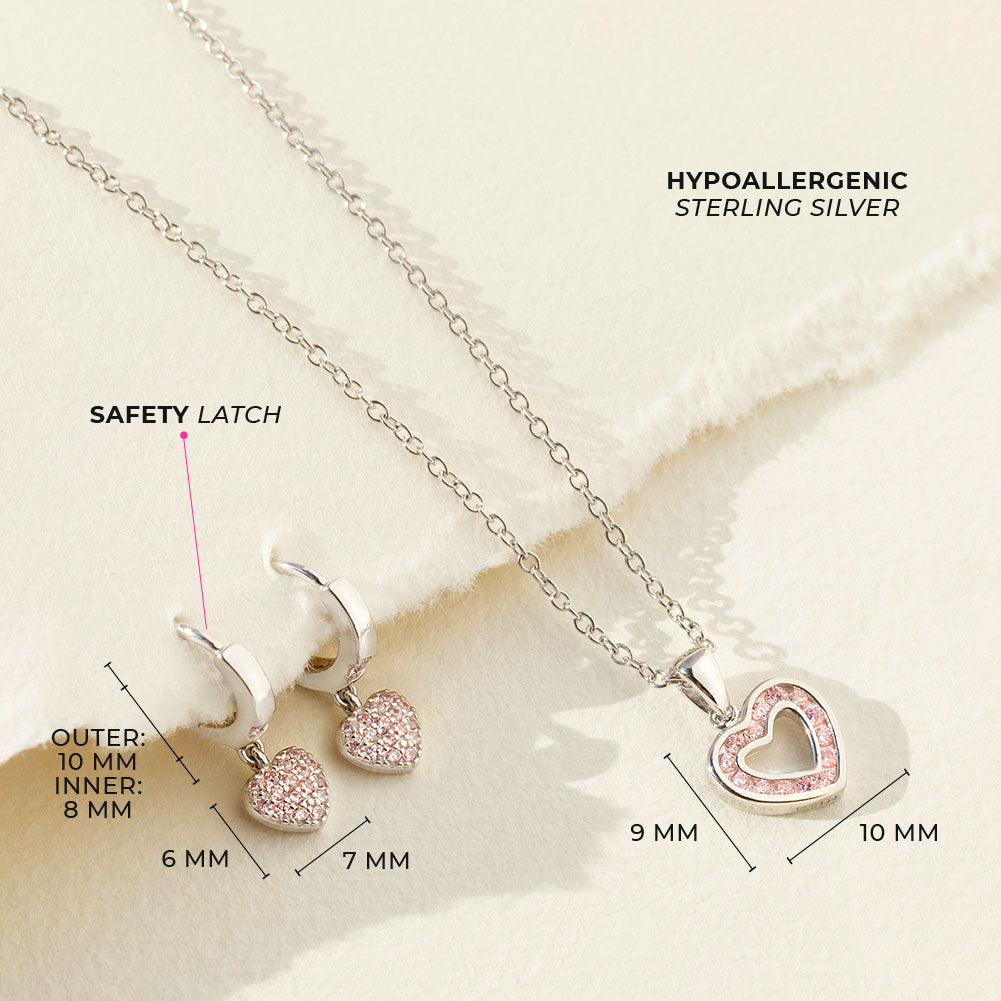925 Sterling Silver Cute Pink Cubic Zirconia Heart Necklace & Earrings for Young Girls