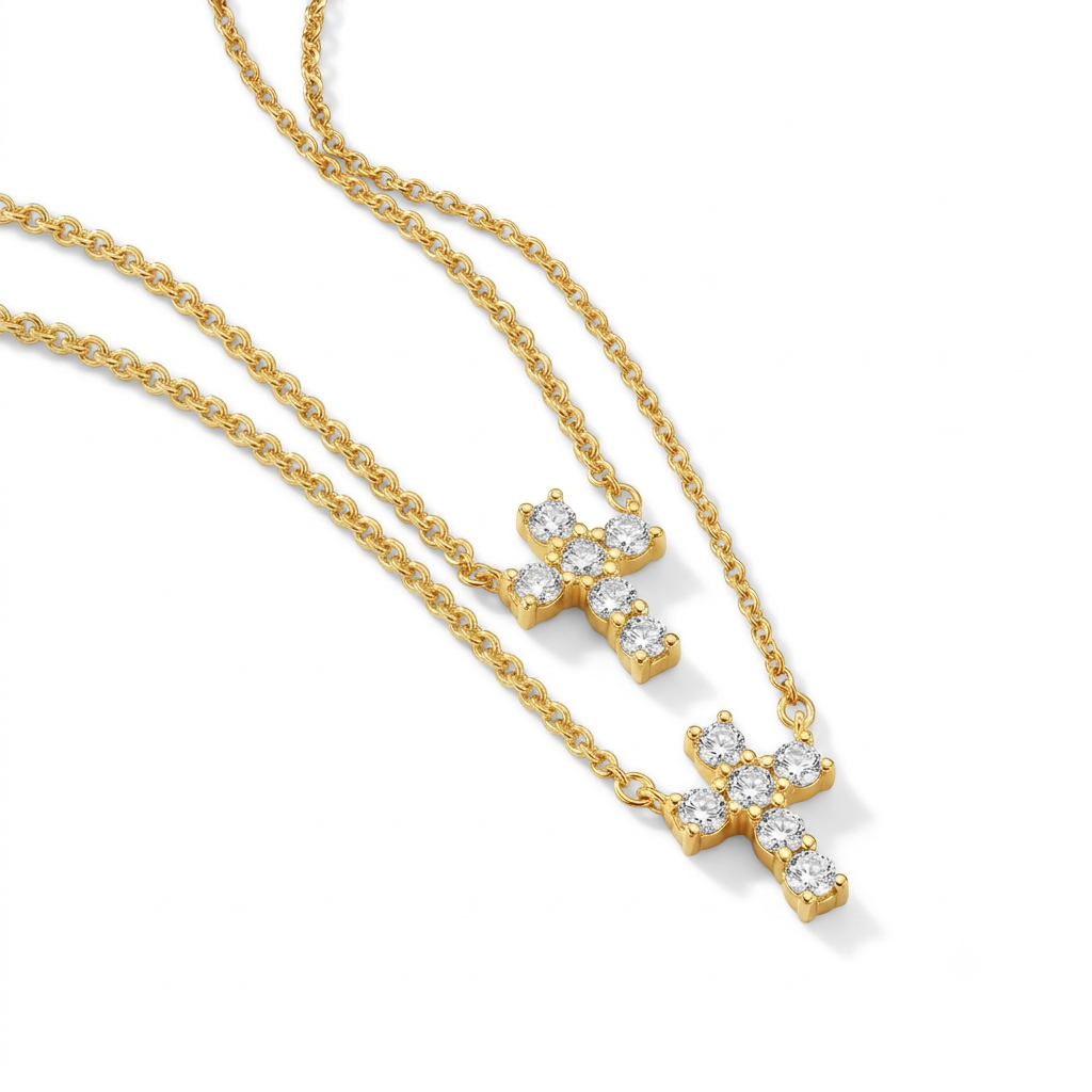 CZ Cross Mommy and Me Necklaces - 14k Gold Over Sterling Silver