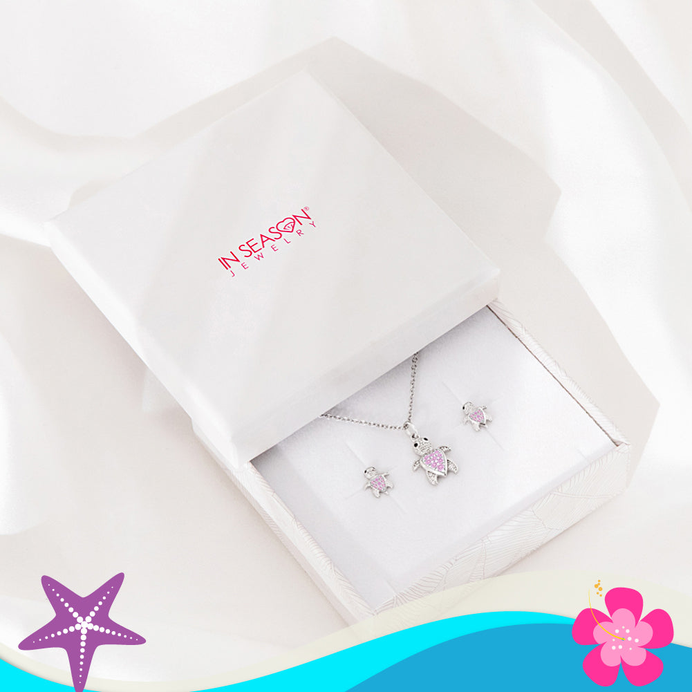 925 Sterling Silver Pink Cubic Zirconia Turtle Necklace Jewelry Set For Children