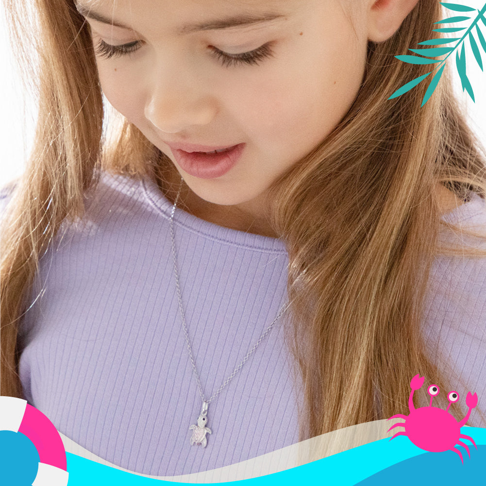 925 Sterling Silver Pink Cubic Zirconia Turtle Necklace Jewelry Set For Children