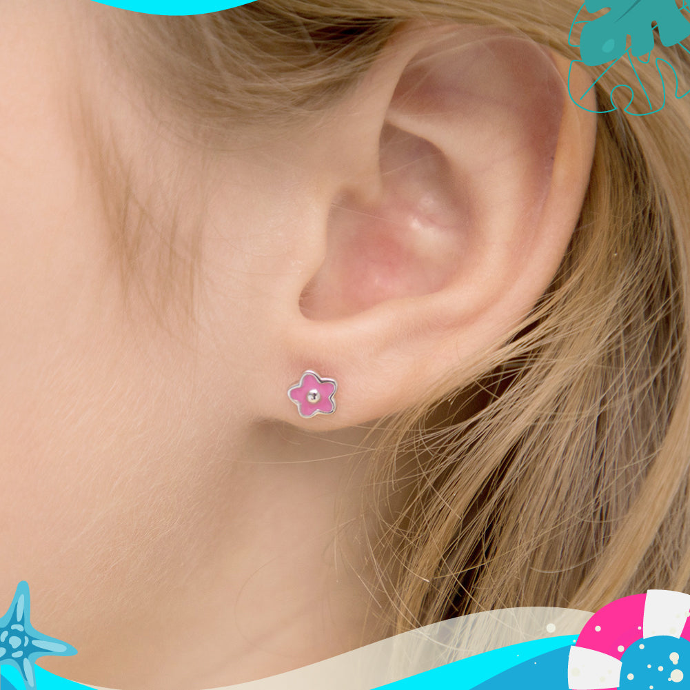 Groovy Enamel Flower Toddler / Kids Earrings Screw Back Enamel - Sterling Silver
