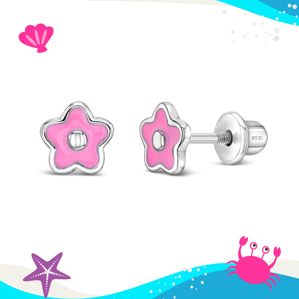 Groovy Enamel Flower Toddler / Kids Earrings Screw Back Enamel - Sterling Silver