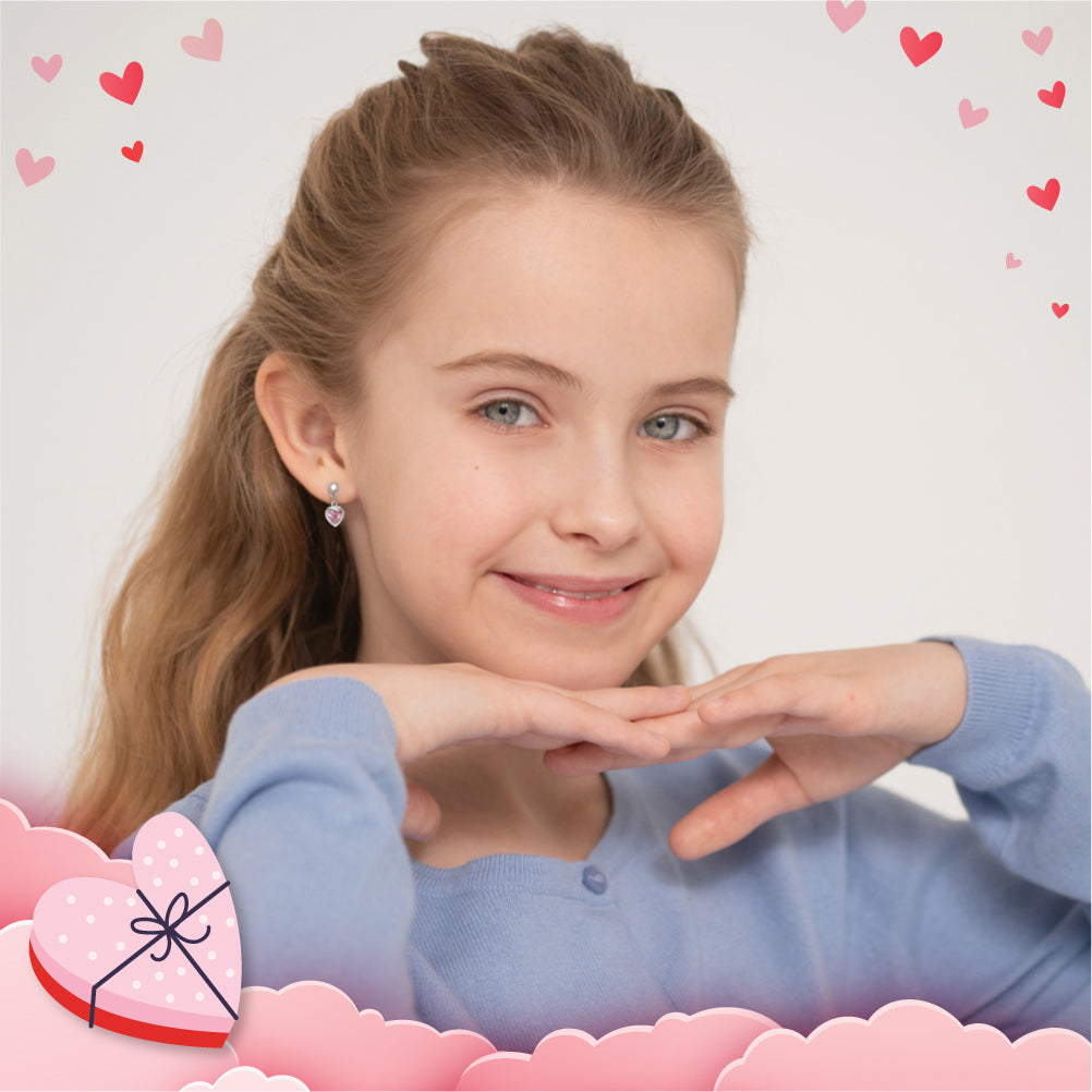 My First Dangle Hearts Children's / Girls Earrings Screw Back - Sterling Silver