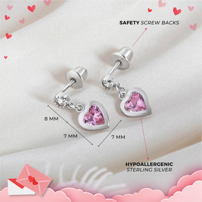 My First Dangle Hearts Children's / Girls Earrings Screw Back - Sterling Silver