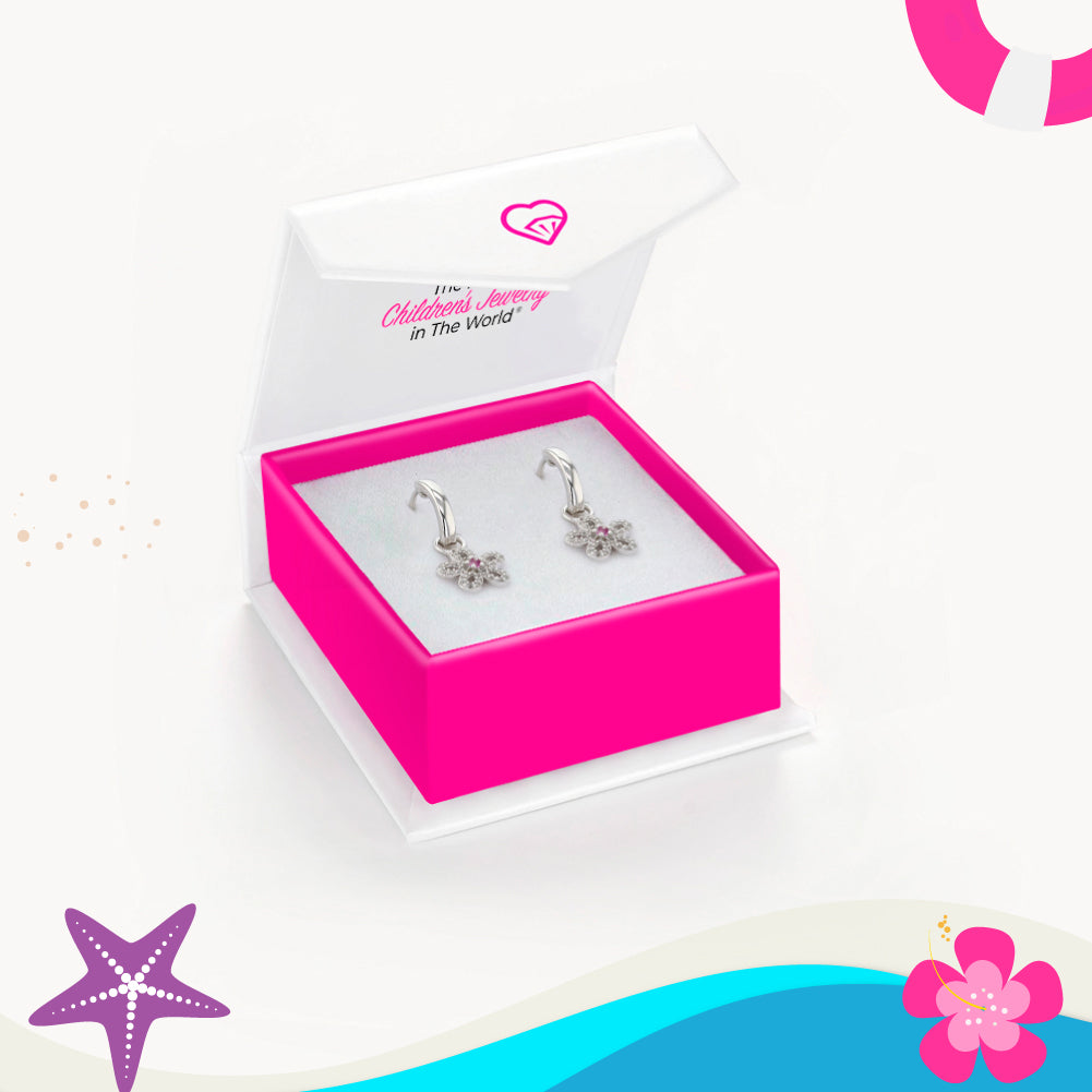 Groovy CZ Flower Dangle 9mm Kids / Children's Earrings Hoop/Huggie Safety Latch - Sterling Silver