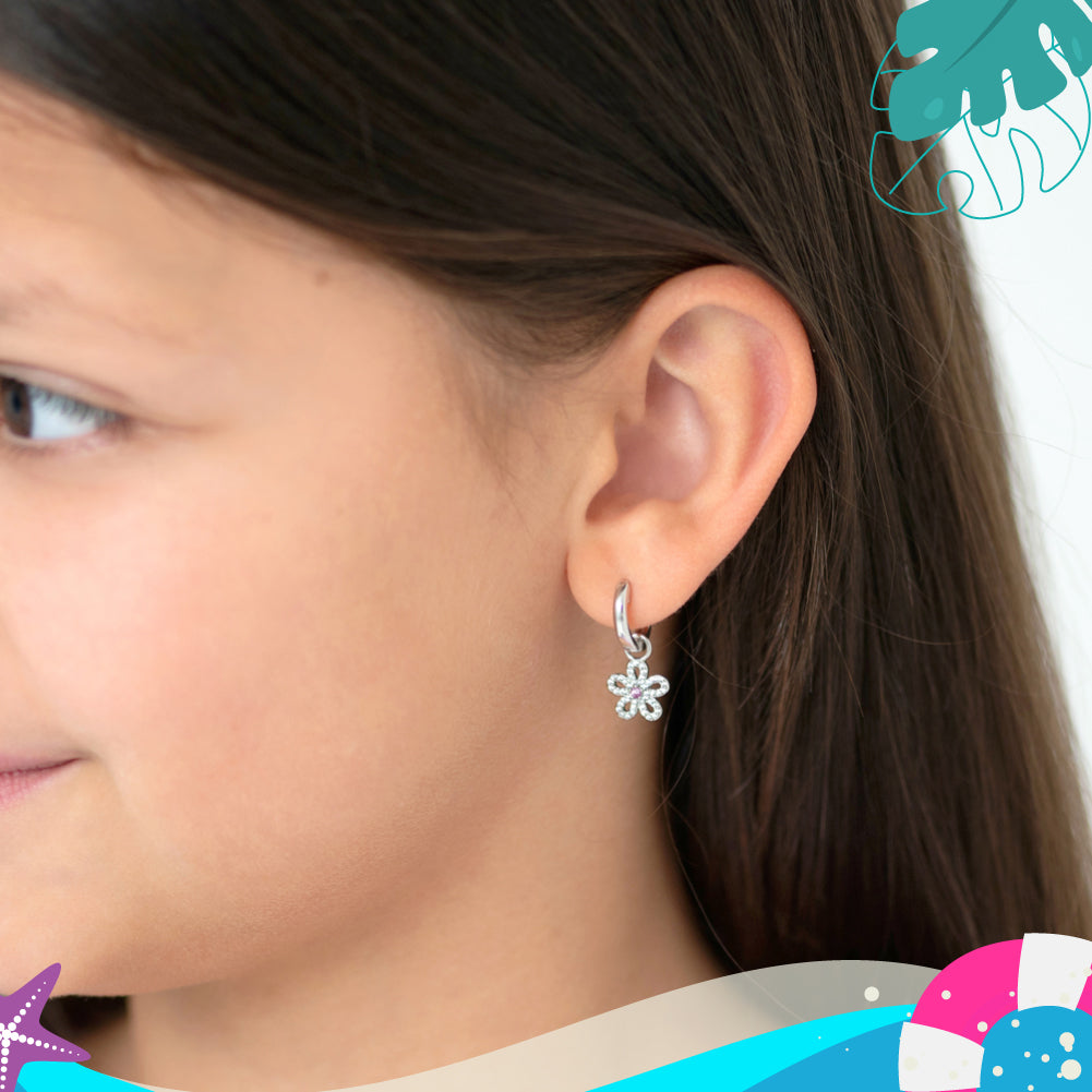 Groovy CZ Flower Dangle 9mm Kids / Children's Earrings Hoop/Huggie Safety Latch - Sterling Silver