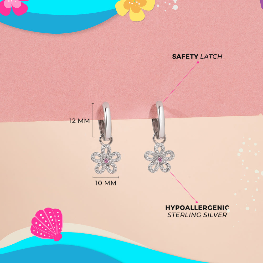 Groovy CZ Flower Dangle 9mm Kids / Children's Earrings Hoop/Huggie Safety Latch - Sterling Silver