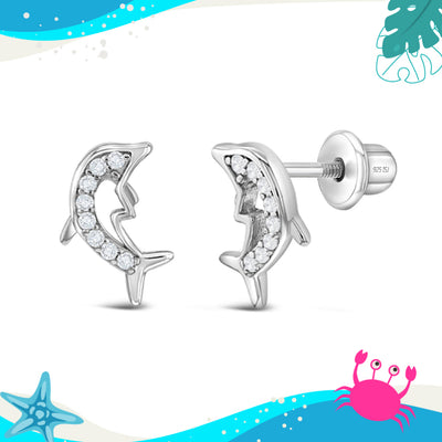 Frollicking Dolphin Kids / Children's Earrings Screw Back - Sterling Silver