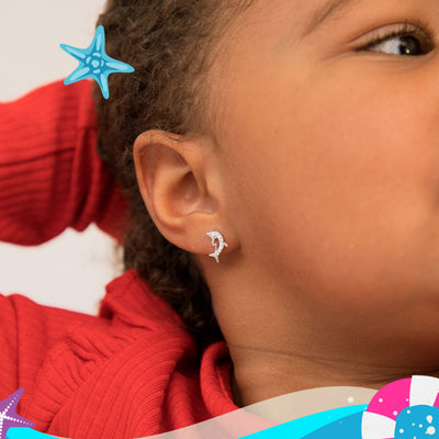 Frollicking Dolphin Kids / Children's Earrings Screw Back - Sterling Silver