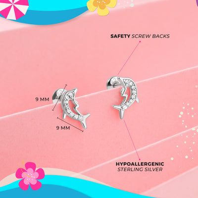 Frollicking Dolphin Kids / Children's Earrings Screw Back - Sterling Silver