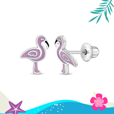 Fancy Flamingo Pink Kids / Children's Earrings Screw Back Enamel - Sterling Silver