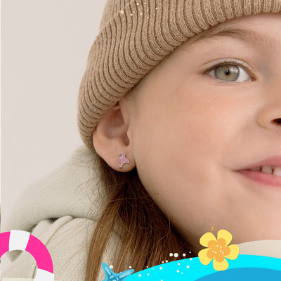 Fancy Flamingo Pink Kids / Children's Earrings Screw Back Enamel - Sterling Silver
