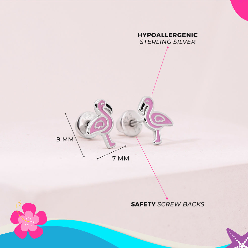 Fancy Flamingo Pink Kids / Children's Earrings Screw Back Enamel - Sterling Silver