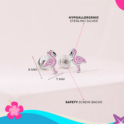 Fancy Flamingo Pink Kids / Children's Earrings Screw Back Enamel - Sterling Silver