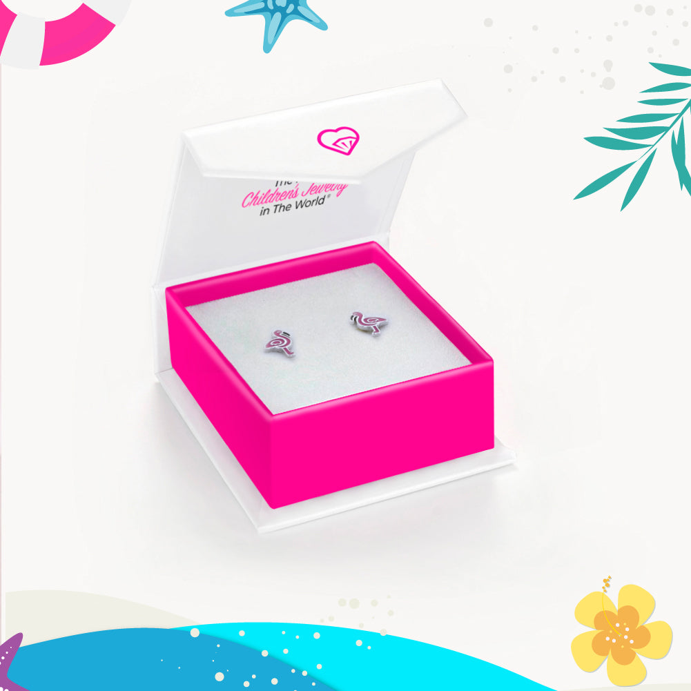 Fancy Flamingo Pink Kids / Children's Earrings Screw Back Enamel - Sterling Silver