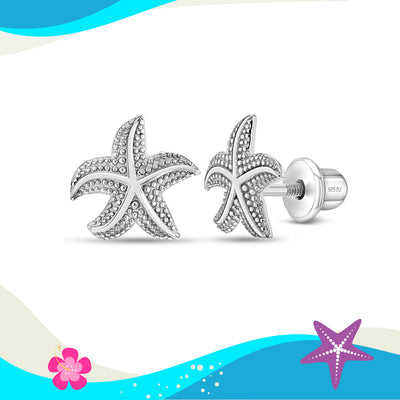 Florida Starfish Kids / Girls Earrings Screw Back - Sterling Silver