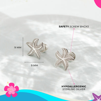 Florida Starfish Kids / Girls Earrings Screw Back - Sterling Silver