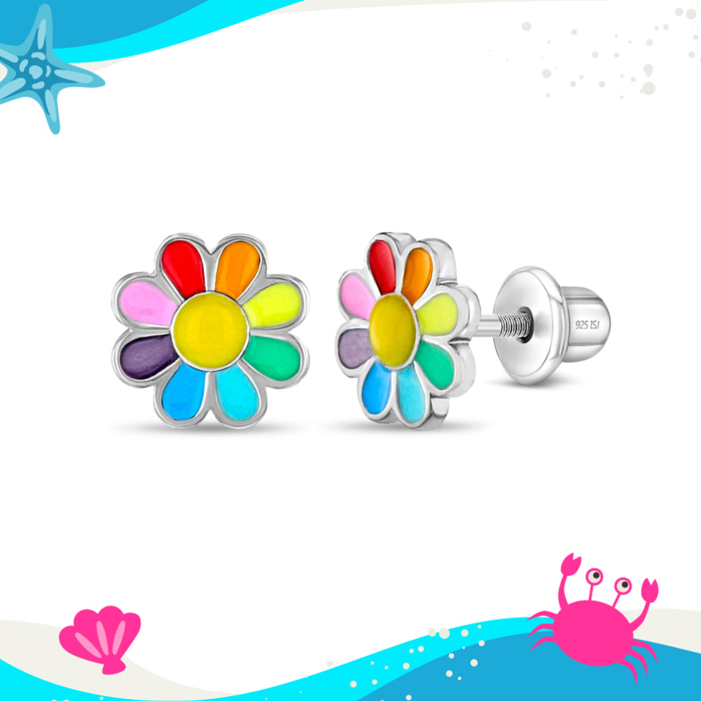 Rainbow Daisy Kids / Girls Earrings Screw Back Enamel - Sterling Silver