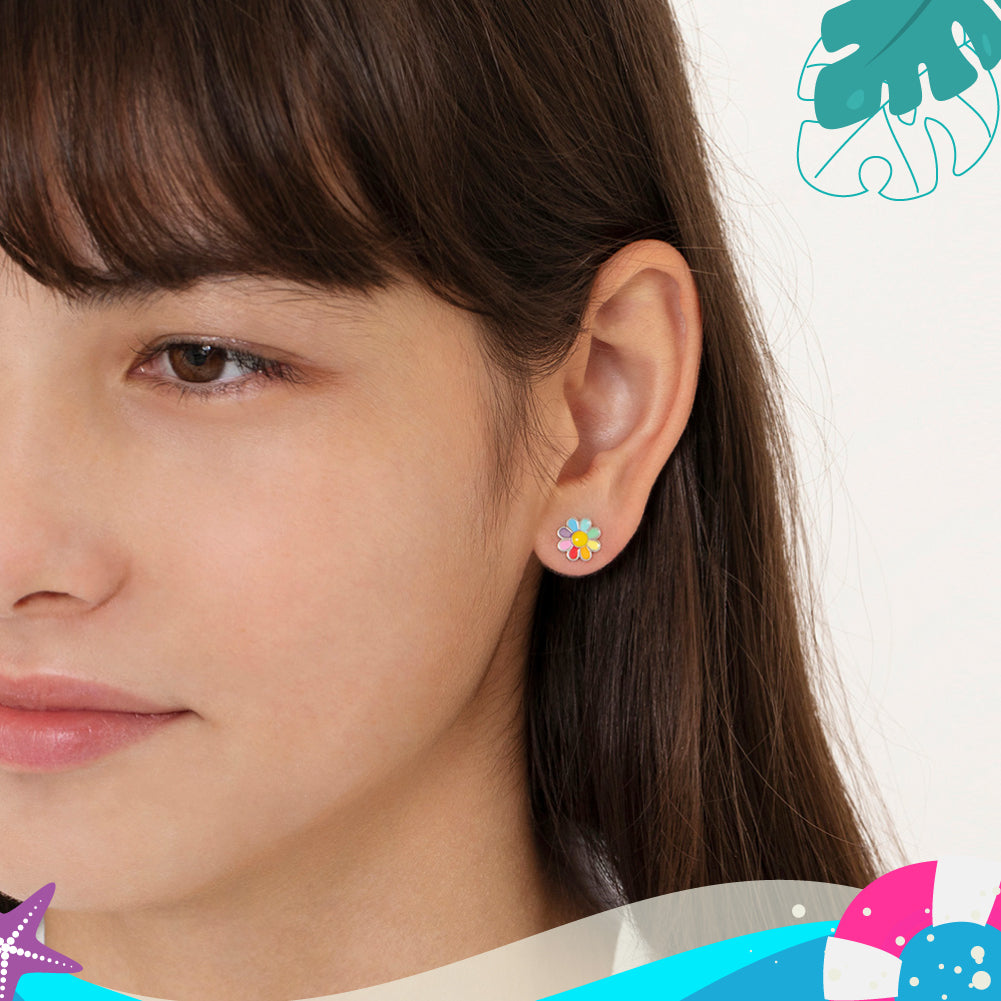 Rainbow Daisy Kids / Girls Earrings Screw Back Enamel - Sterling Silver