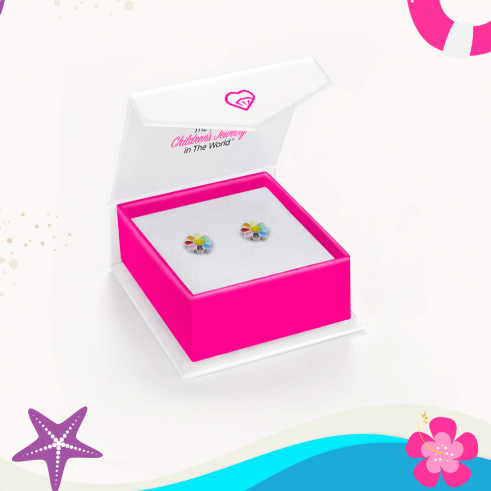 Rainbow Daisy Kids / Girls Earrings Screw Back Enamel - Sterling Silver