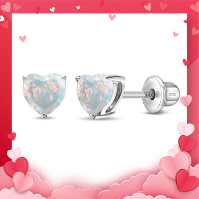 Opal Heart Kids / Children's / Girls Earrings Screw Back - Sterling Silver
