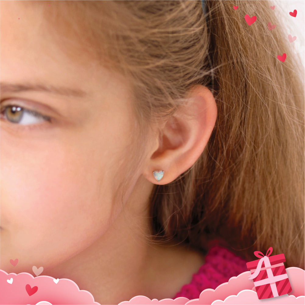 Opal Heart Kids / Children's / Girls Earrings Screw Back - Sterling Silver
