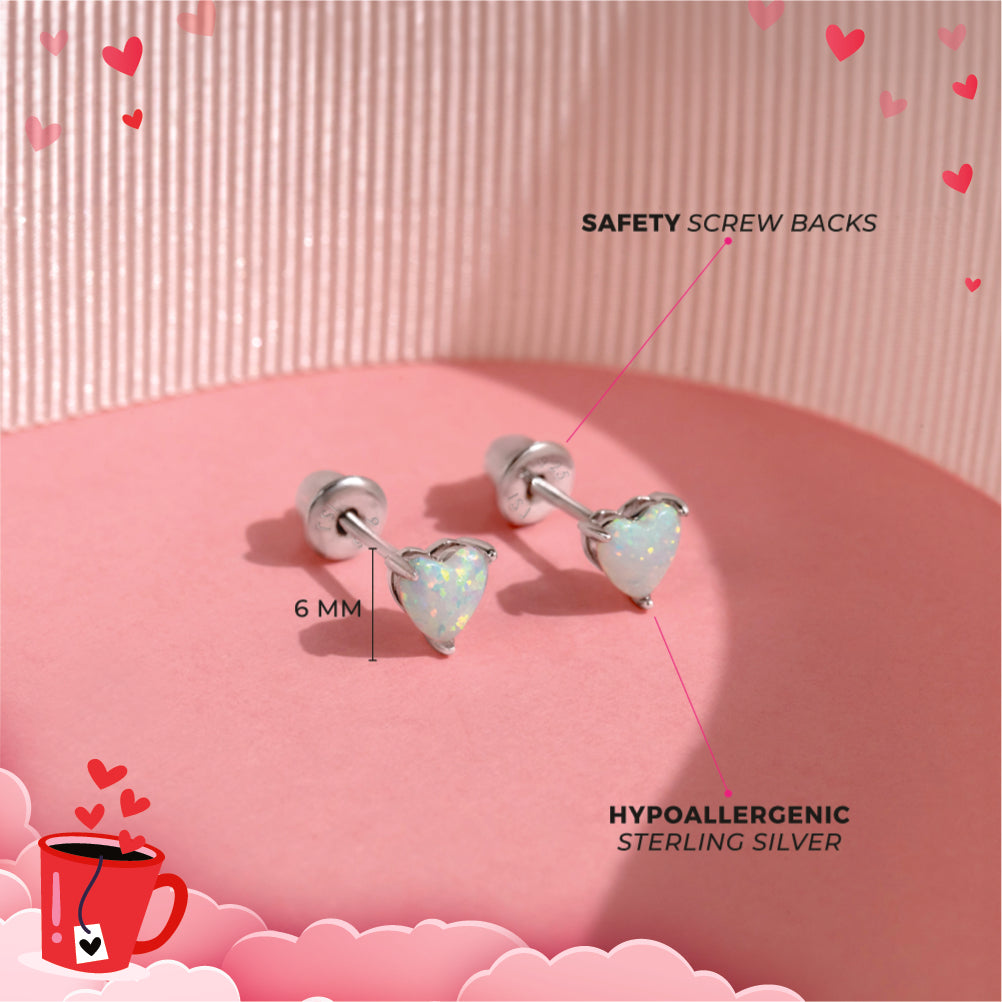 Opal Heart Kids / Children's / Girls Earrings Screw Back - Sterling Silver