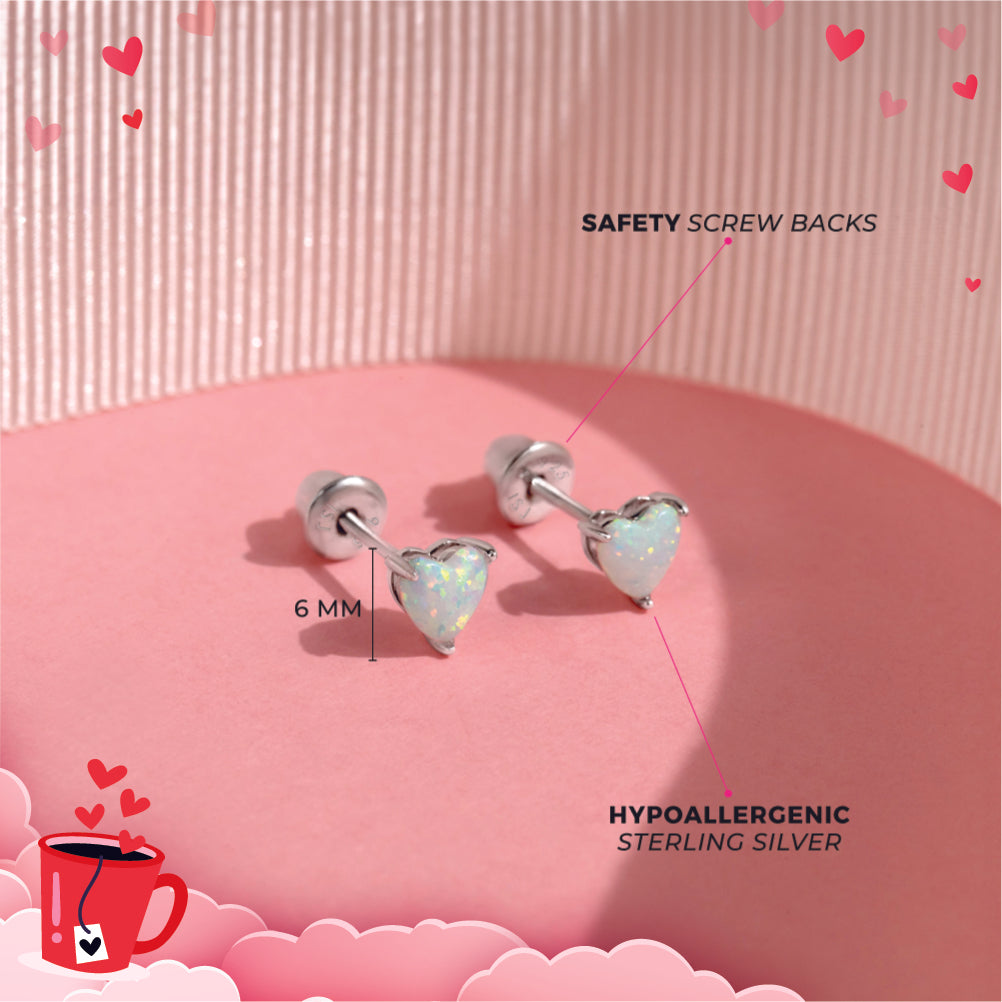 Opal Heart Kids / Children's / Girls Earrings Screw Back - Sterling Silver