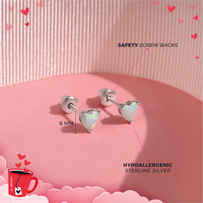 Opal Heart Kids / Children's / Girls Earrings Screw Back - Sterling Silver