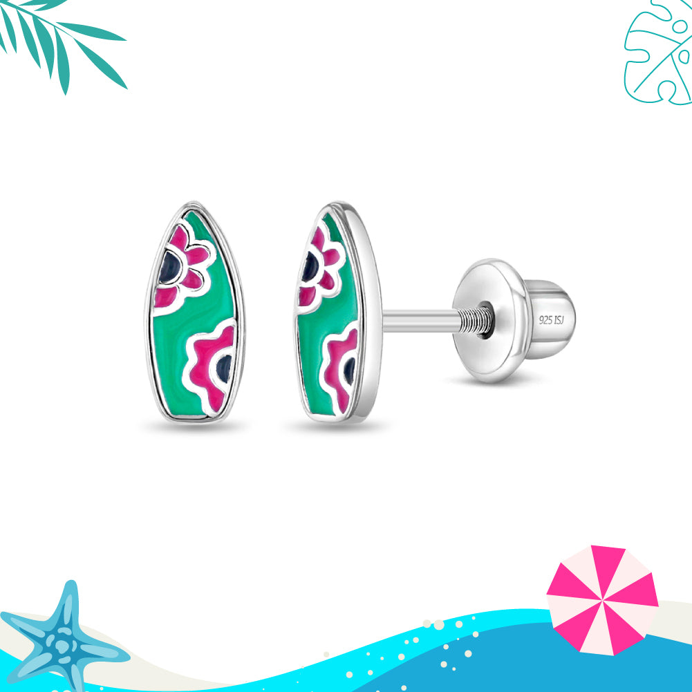 Ride the Wave Kids / Children's / Girls Earrings Screw Back - Sterling Silver