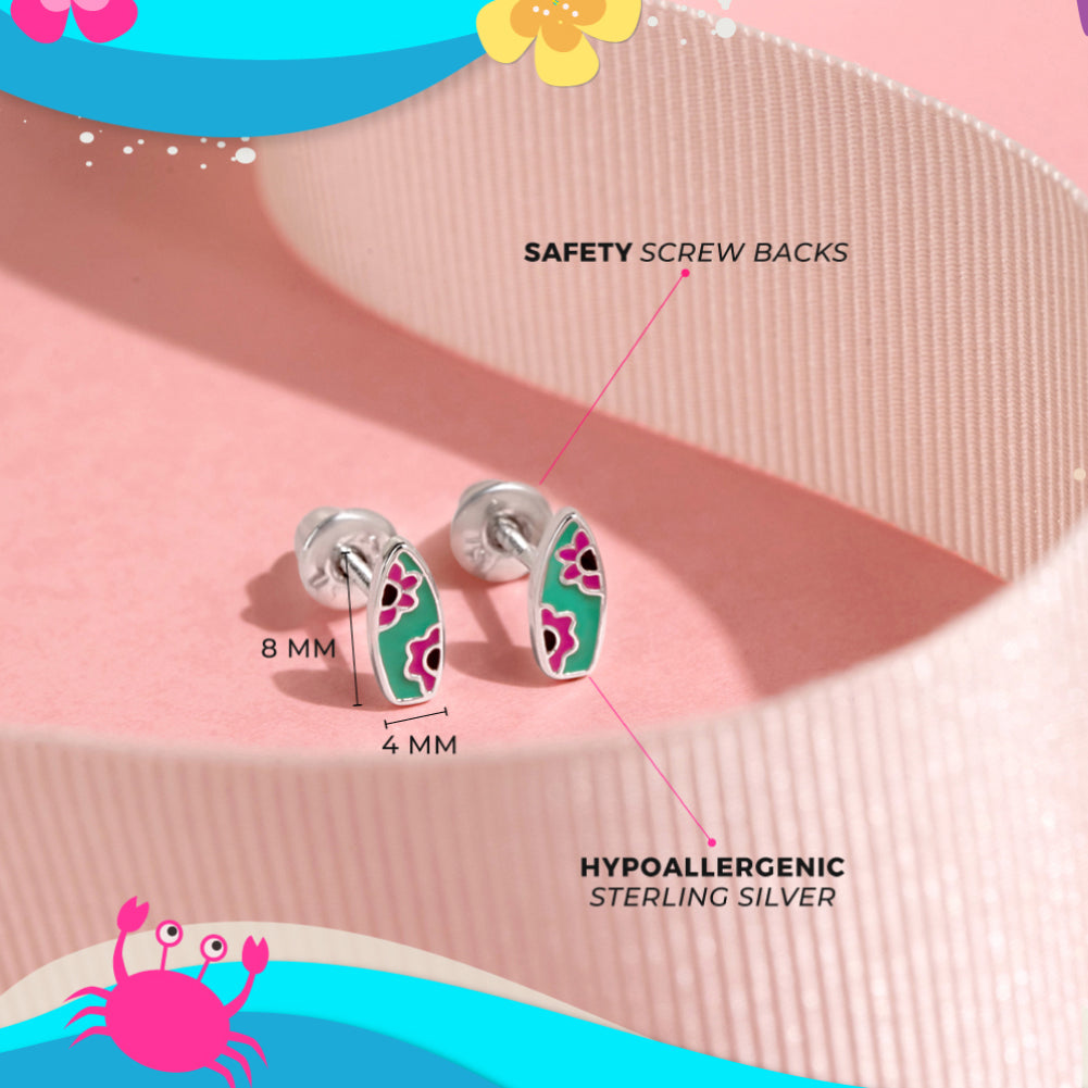 Ride the Wave Kids / Children's / Girls Earrings Screw Back - Sterling Silver
