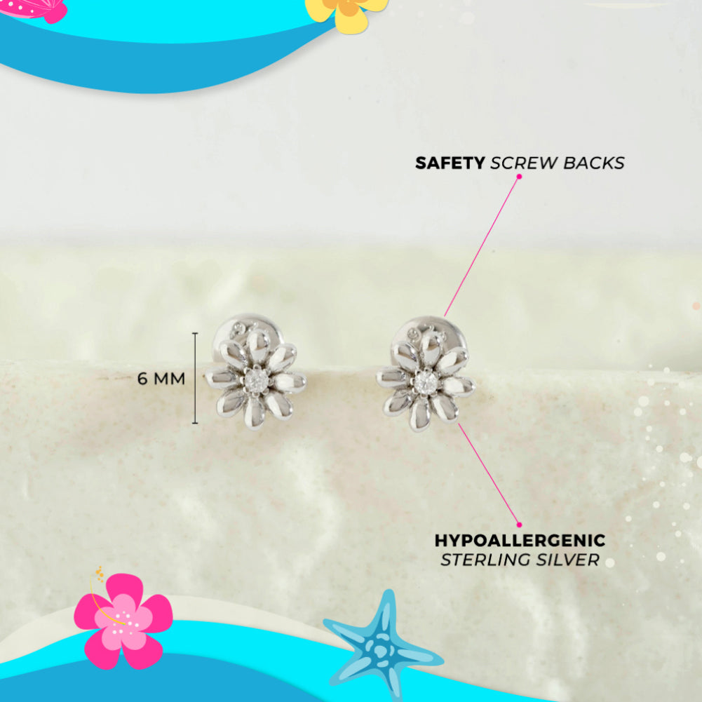 Puffed Blossom Kids / Children's  Earrings Screw Back - Sterling Silver